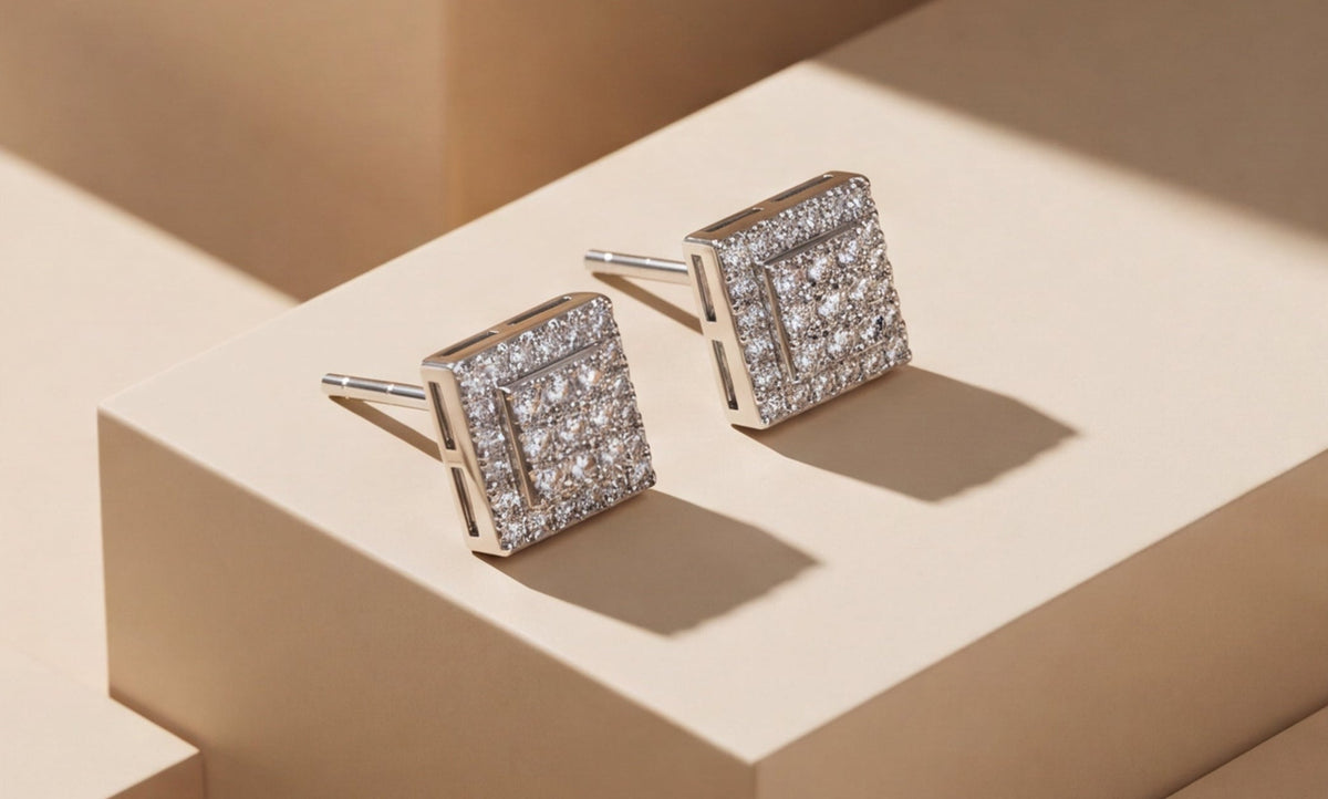 10K Yellow Gold Square Pave Set Natural Diamond Earrings with Screw Backs