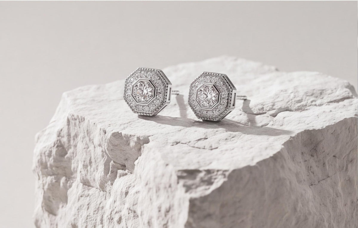Sterling Silver VVS Moissanite Octagon & Round Stud Earrings — styling look 4