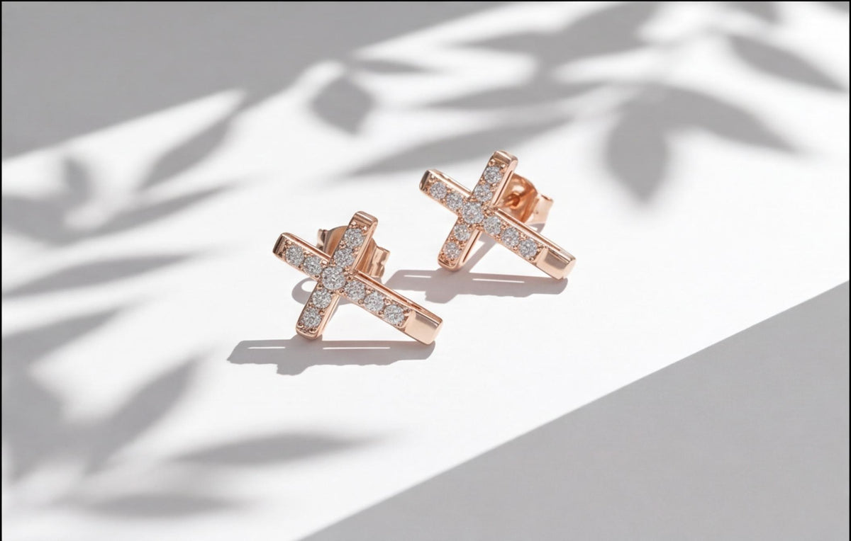 10kt Rose Gold Natural Diamond Cross Earrings Pair 0.15ct — styling look 5