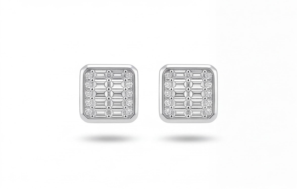 VVS Moissanite Square Baguette Stud Earrings in 925 Sterling Silver — styling look 1