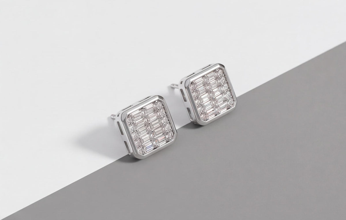 VVS Moissanite Square Baguette Stud Earrings in 925 Sterling Silver — styling look 3