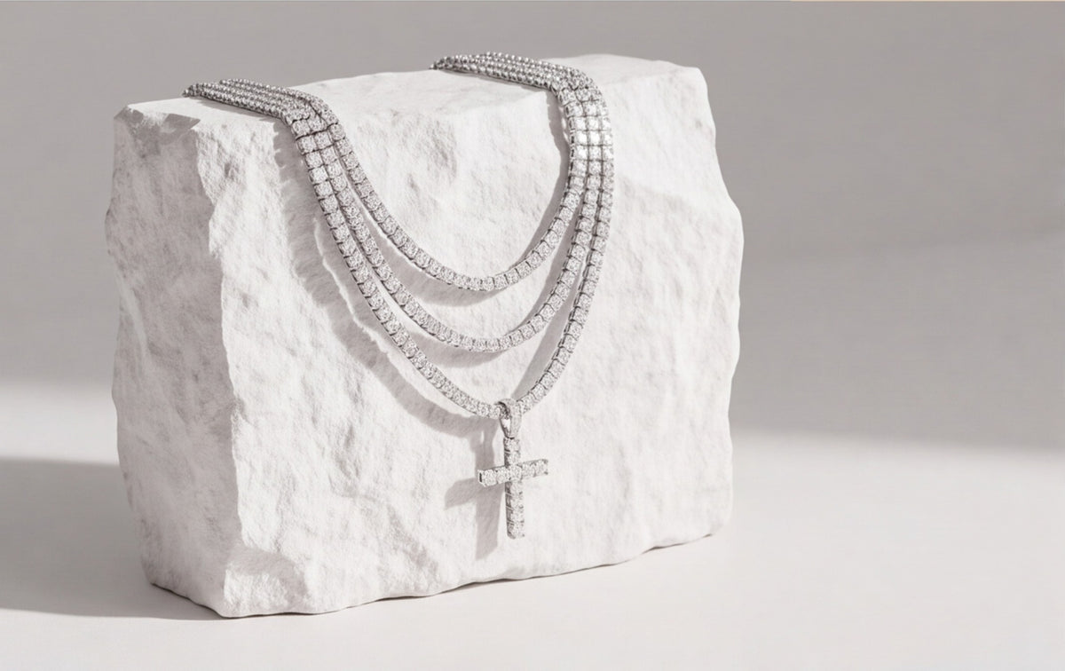 Sterling Silver VVS Moissanite Cross Tennis Chain Necklace — styling look 5