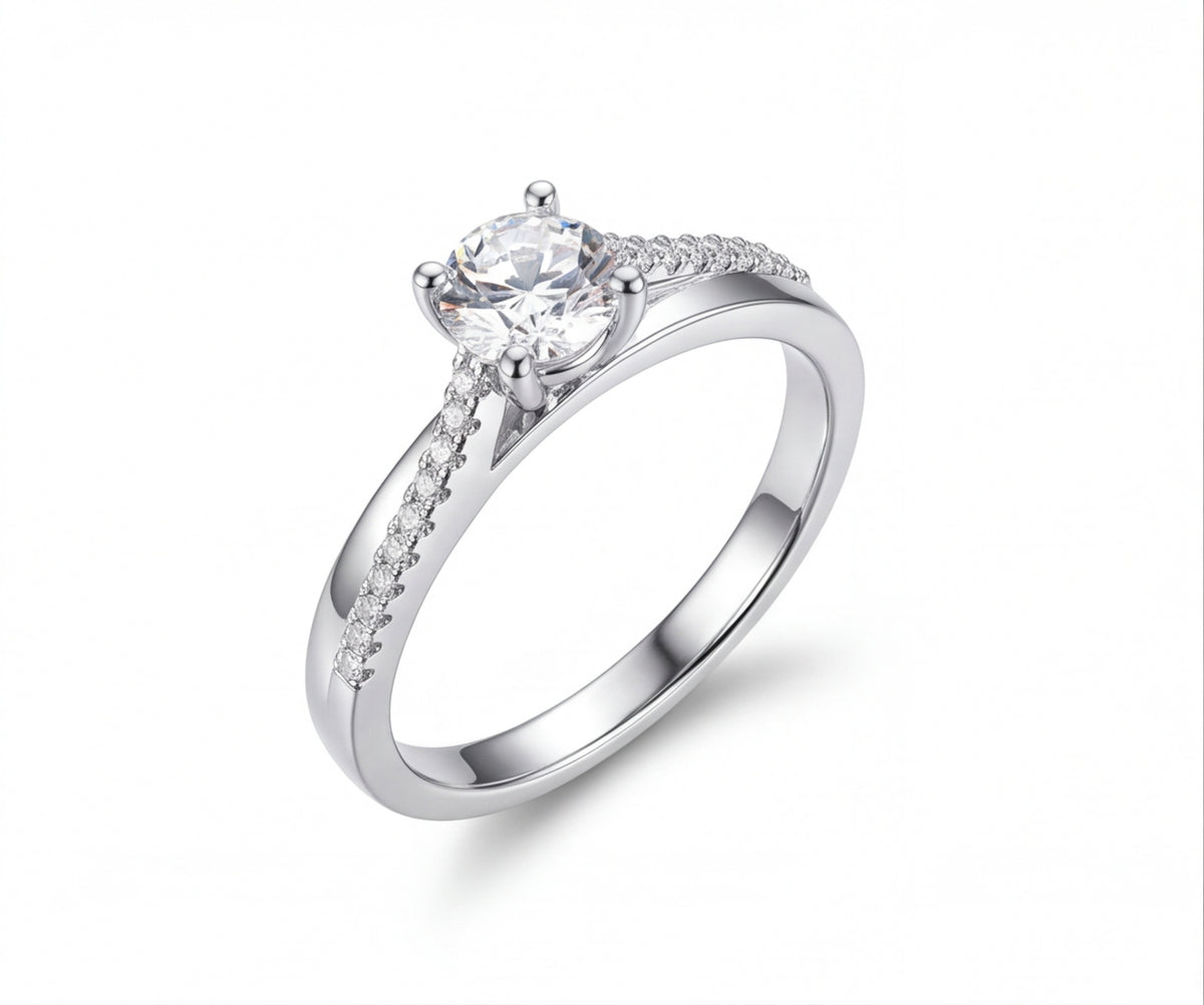 Sterling Silver VVS Moissanite Solitaire Ring with Pavé Band — styling look 1