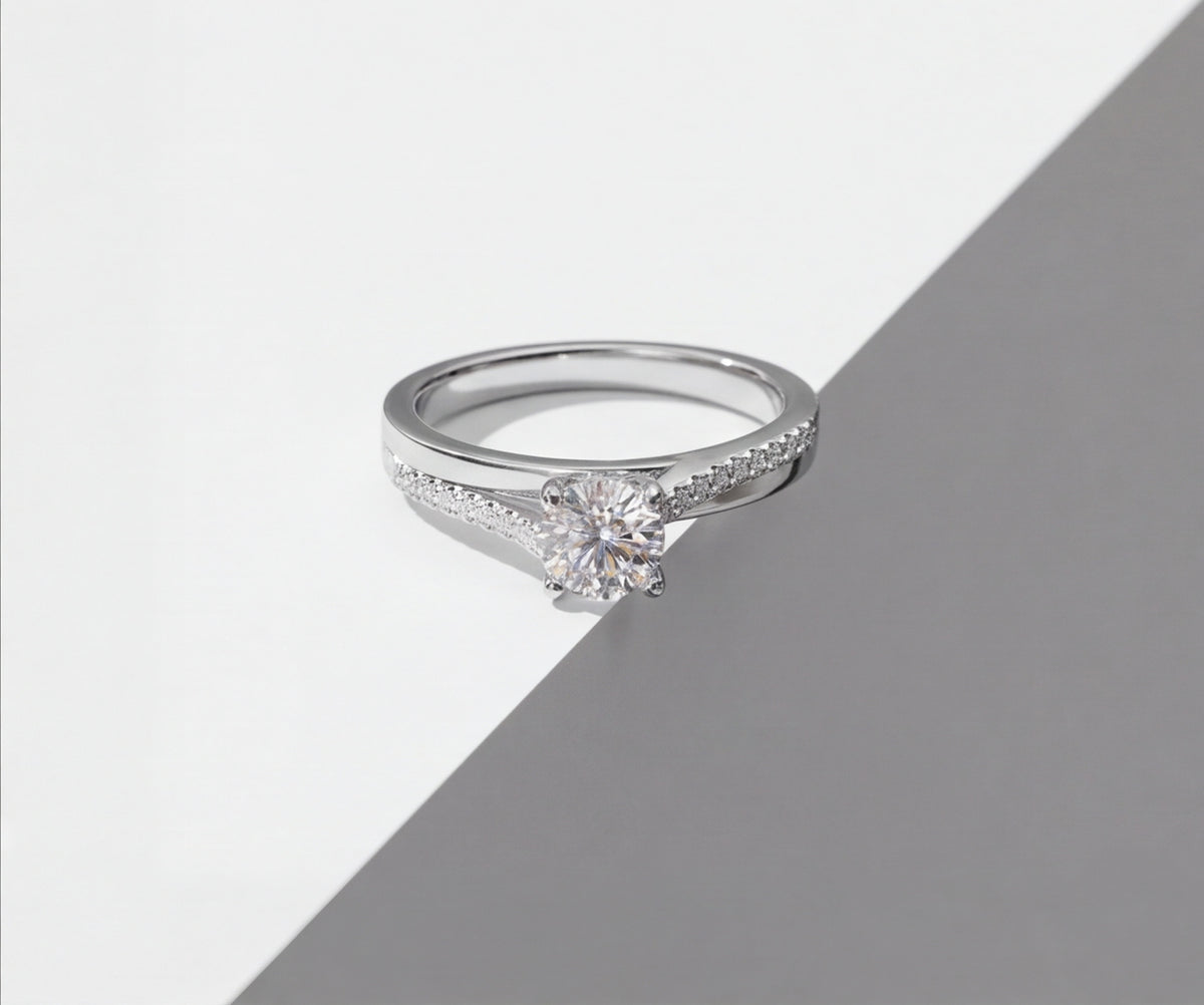 Sterling Silver VVS Moissanite Solitaire Ring with Pavé Band — styling look 3