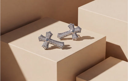 925 Sterling Silver VVS Moissanite Pave Cross Stud Earrings — styling look 2