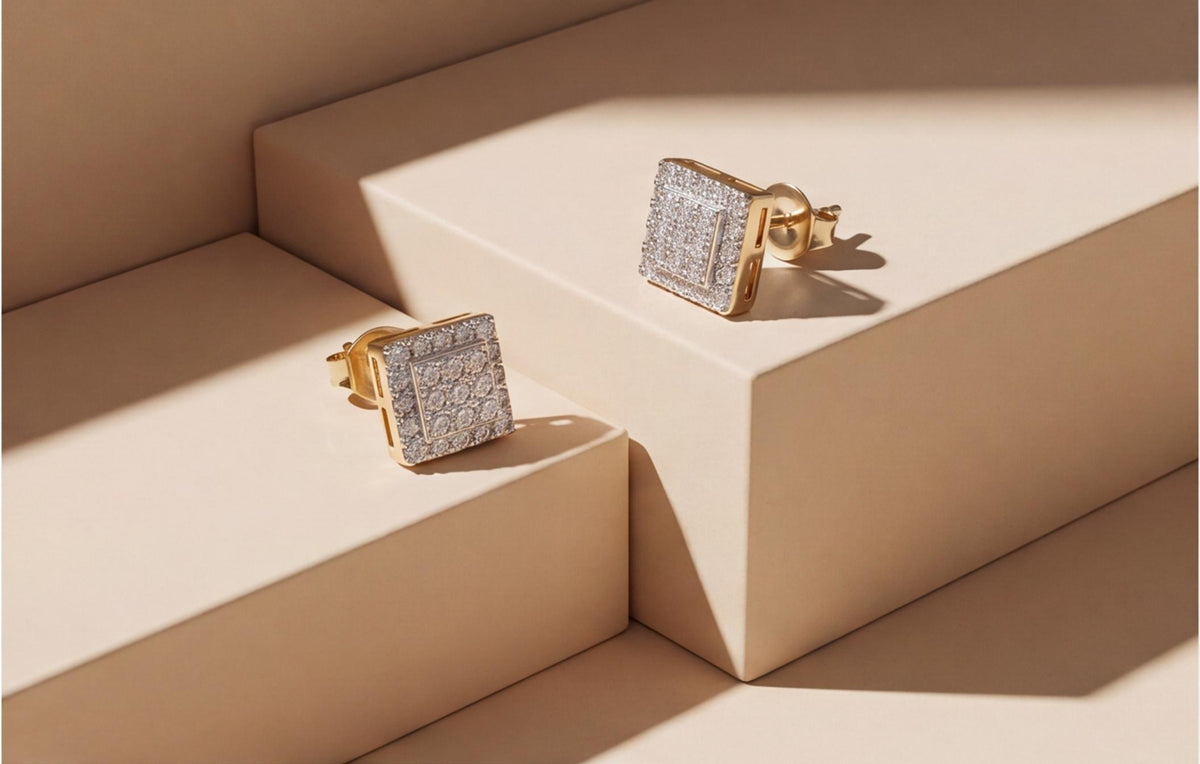 10kt Yellow Gold Square Pave Set Natural Diamond Earrings with Screw Backs — styling look 2