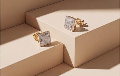 10kt Yellow Gold Square Pave Set Natural Diamond Earrings with Screw Backs — styling look 2