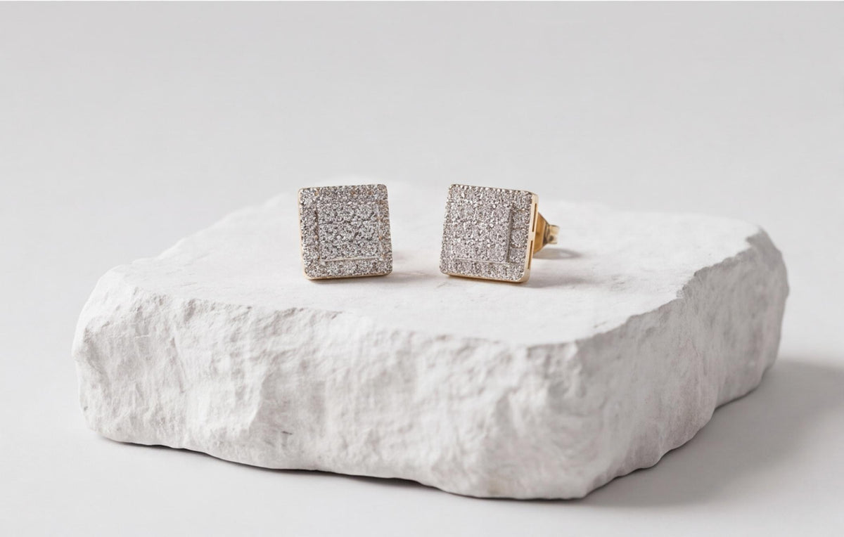 10kt Yellow Gold Square Pave Set Natural Diamond Earrings with Screw Backs — styling look 4