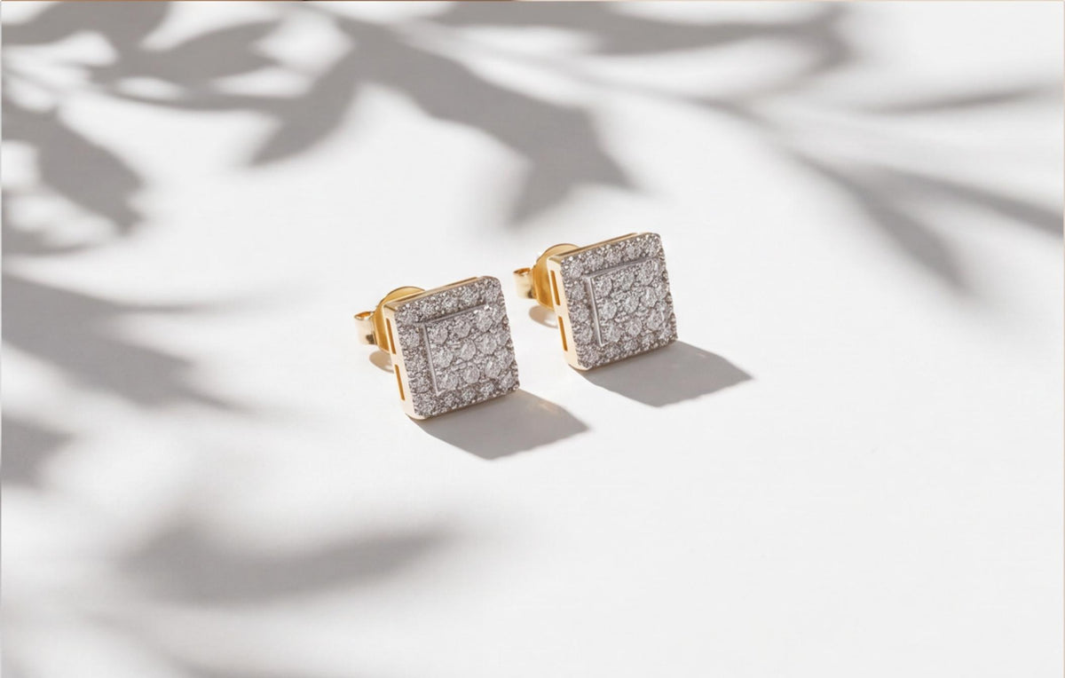 10kt Yellow Gold Square Pave Set Natural Diamond Earrings with Screw Backs — styling look 5