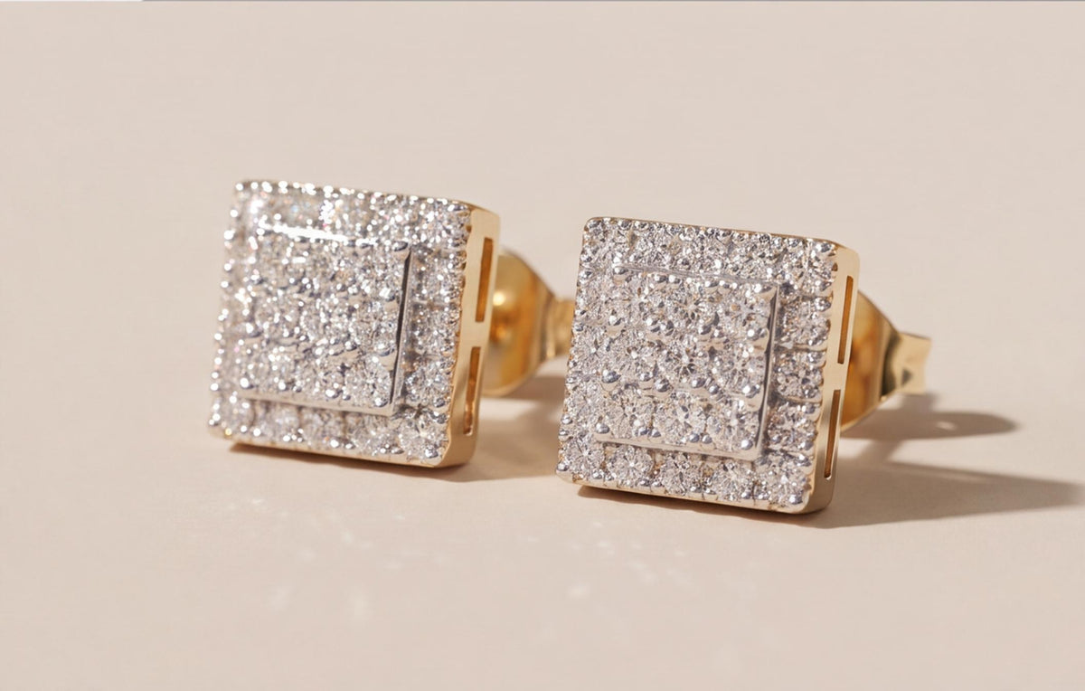 10kt Yellow Gold Square Pave Set Natural Diamond Earrings with Screw Backs — styling look 6
