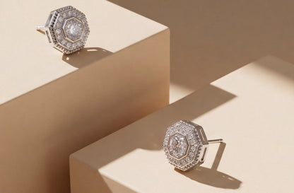 Sterling Silver VVS Moissanite Octagon & Round Stud Earrings
