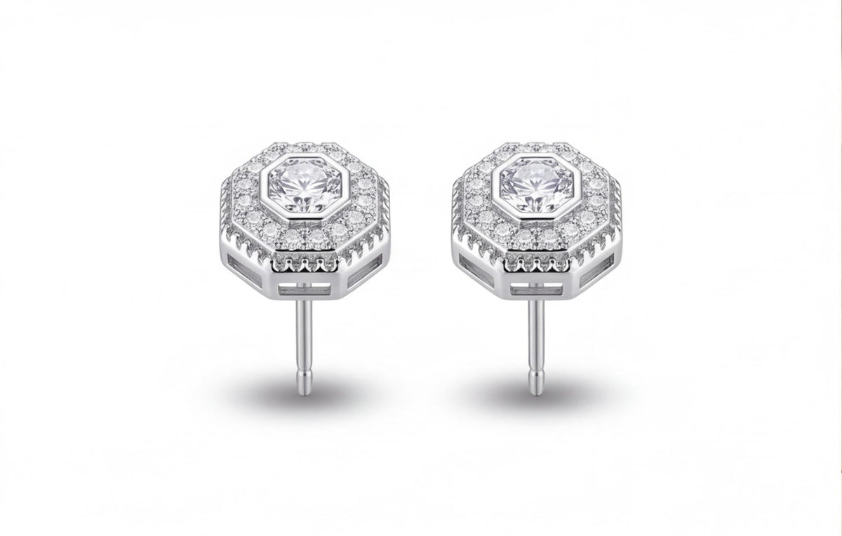 Sterling Silver VVS Moissanite Octagon & Round Stud Earrings — styling look 1