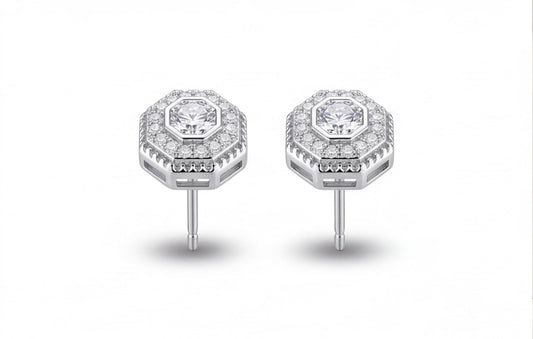 Sterling Silver VVS Moissanite Octagon & Round Stud Earrings — styling look 1