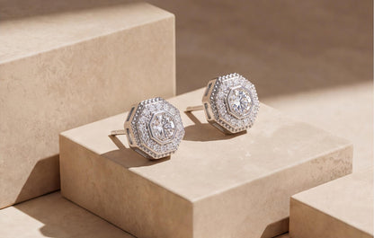 Sterling Silver VVS Moissanite Octagon & Round Stud Earrings — styling look 2