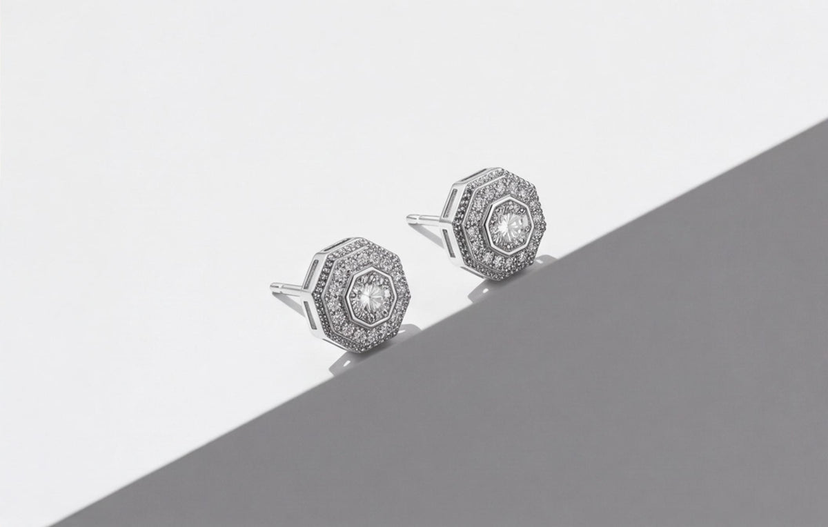 Sterling Silver VVS Moissanite Octagon & Round Stud Earrings — styling look 3