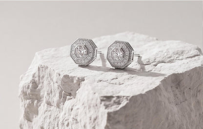 Sterling Silver VVS Moissanite Octagon & Round Stud Earrings — styling look 4