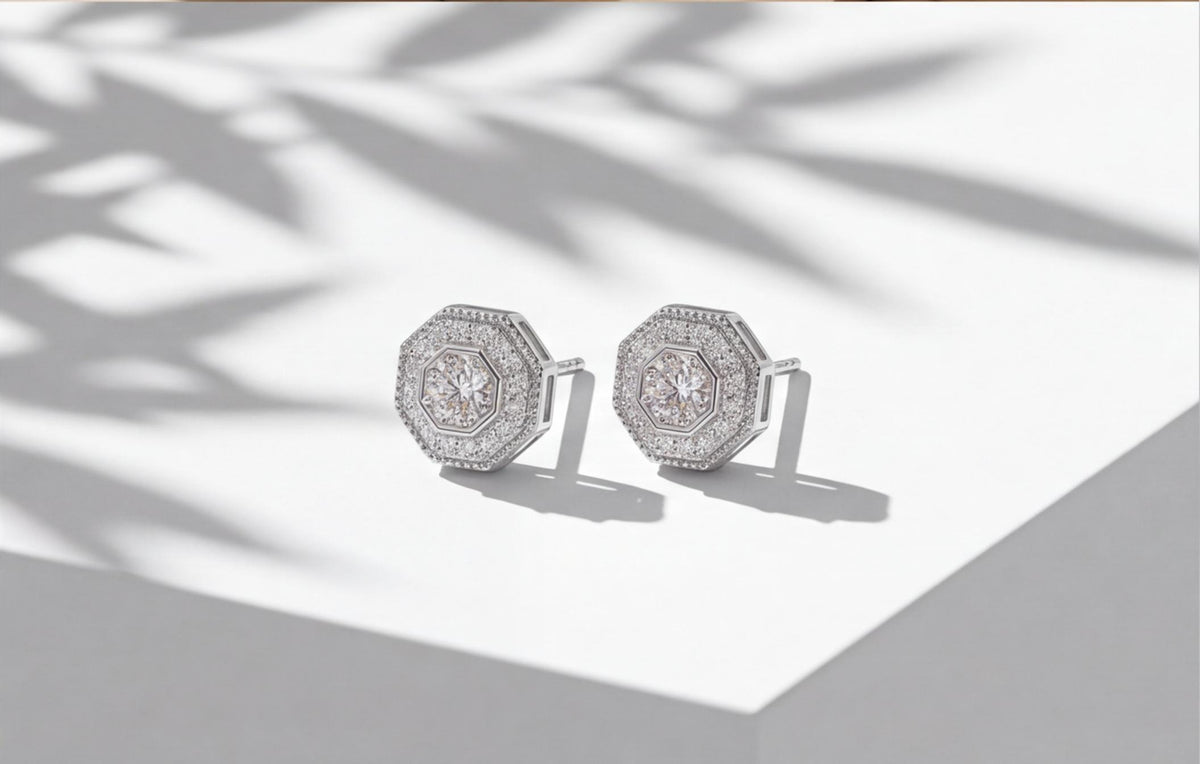 Sterling Silver VVS Moissanite Octagon & Round Stud Earrings — styling look 5