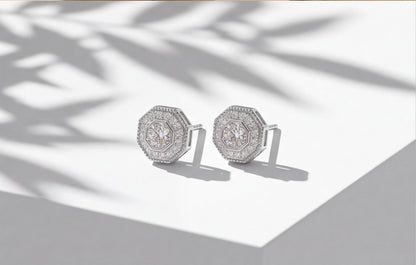 Sterling Silver VVS Moissanite Octagon & Round Stud Earrings — styling look 5