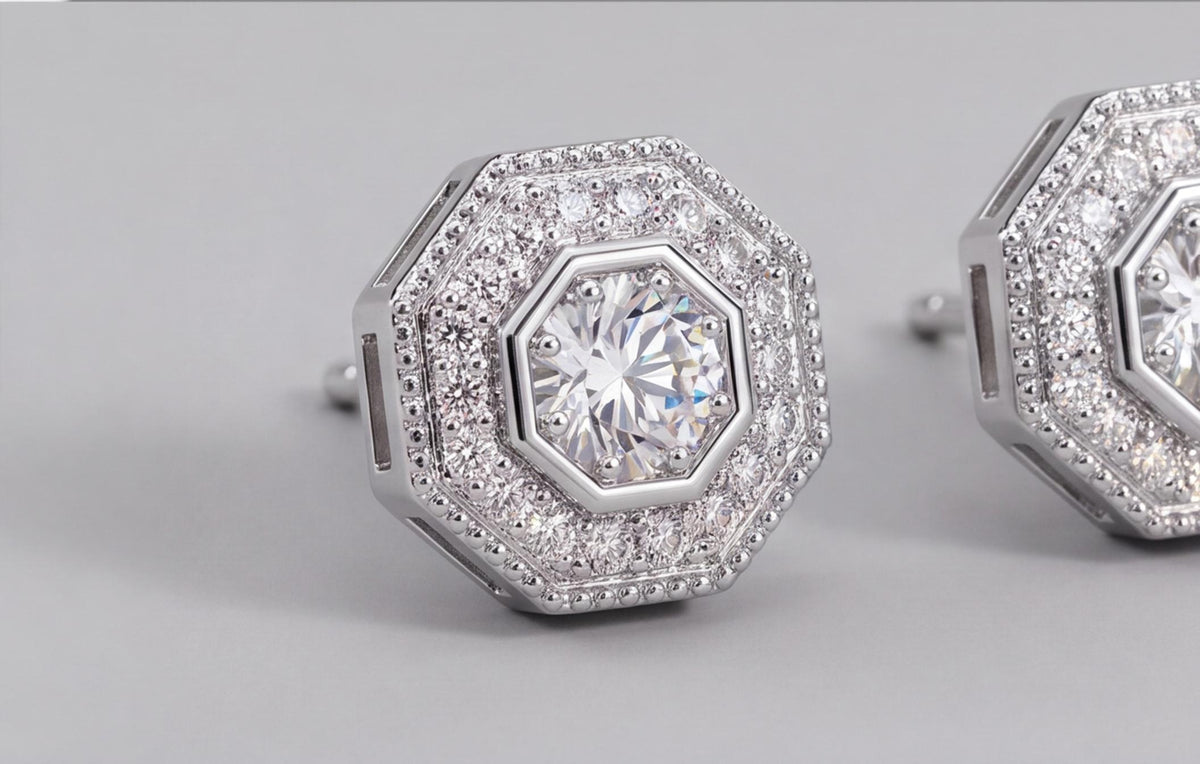 Sterling Silver VVS Moissanite Octagon & Round Stud Earrings — styling look 6