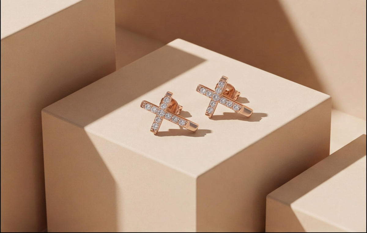 10kt Rose Gold Natural Diamond Cross Earrings Pair 0.15ct — styling look 2