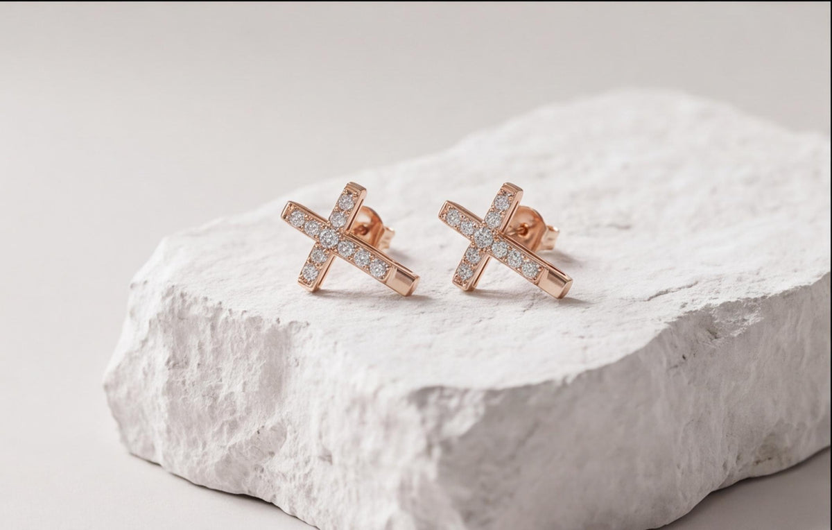 10kt Rose Gold Natural Diamond Cross Earrings Pair 0.15ct — styling look 4