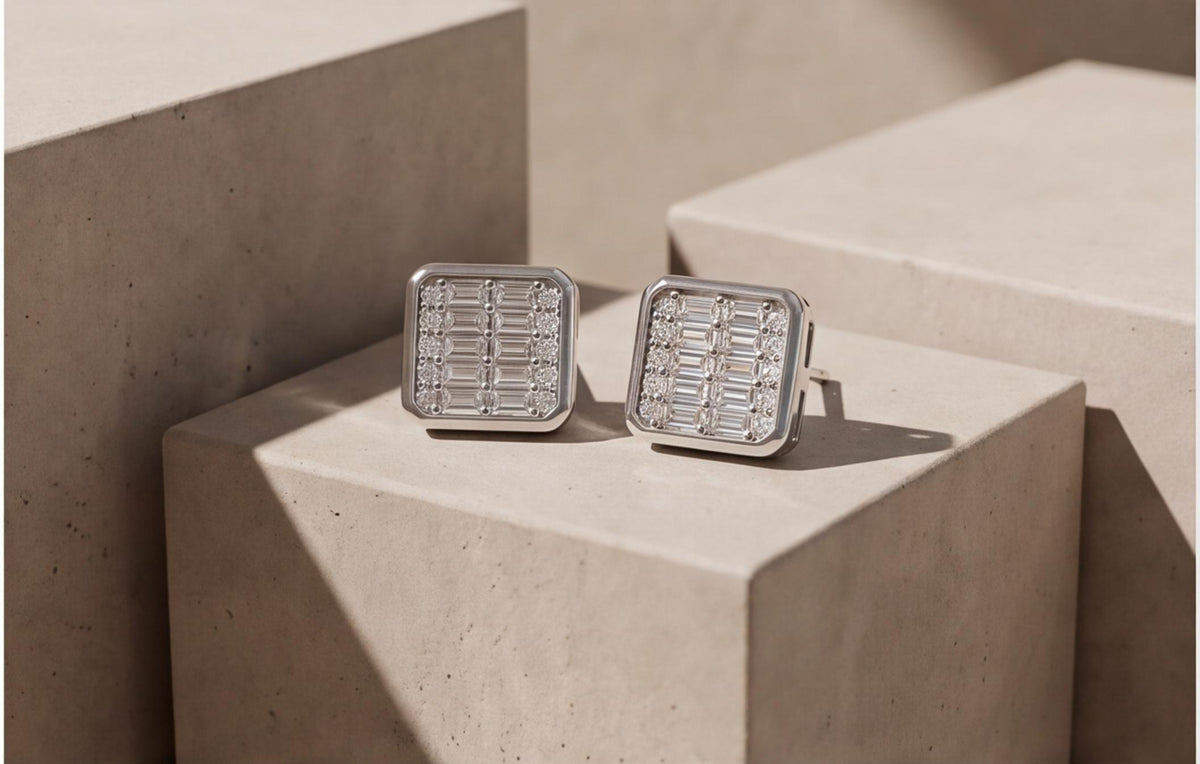 VVS Moissanite Square Baguette Stud Earrings in 925 Sterling Silver — styling look 2