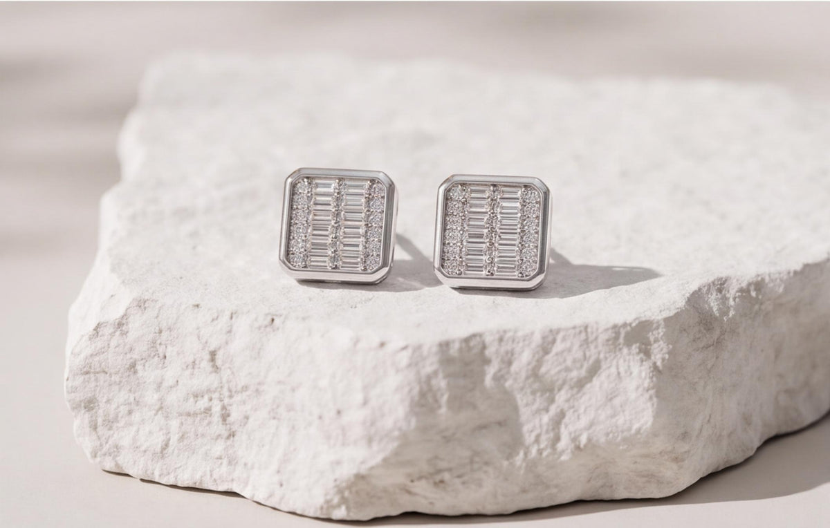 VVS Moissanite Square Baguette Stud Earrings in 925 Sterling Silver — styling look 4
