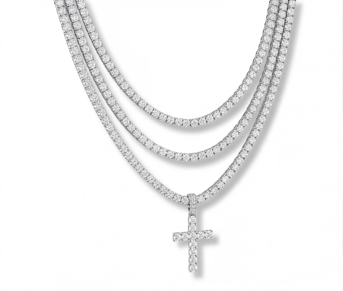 Sterling Silver VVS Moissanite Cross Tennis Chain Necklace — styling look 1