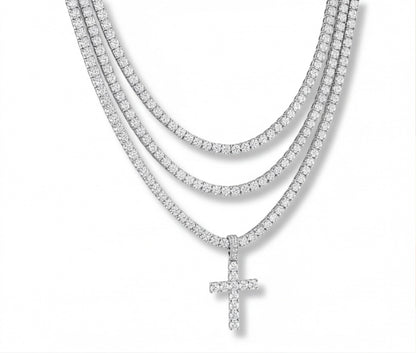 Sterling Silver VVS Moissanite Cross Tennis Chain Necklace — styling look 1
