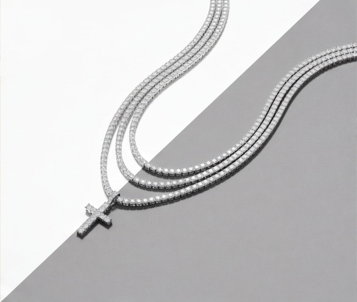 Sterling Silver VVS Moissanite Cross Tennis Chain Necklace — styling look 3