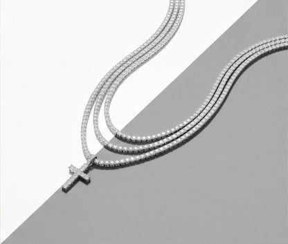 Sterling Silver VVS Moissanite Cross Tennis Chain Necklace — styling look 3