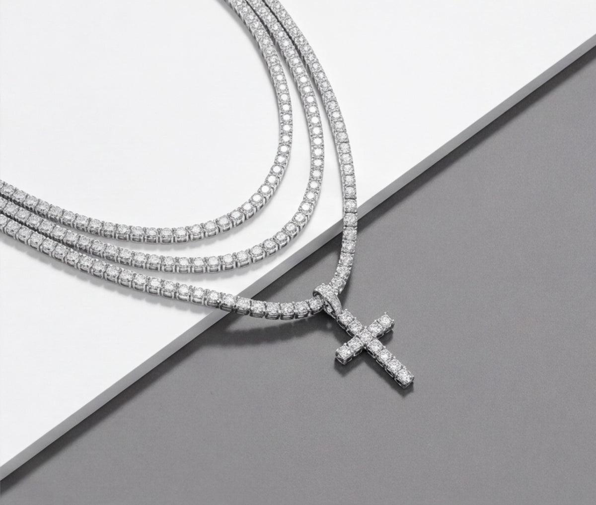 Sterling Silver VVS Moissanite Cross Tennis Chain Necklace — styling look 4