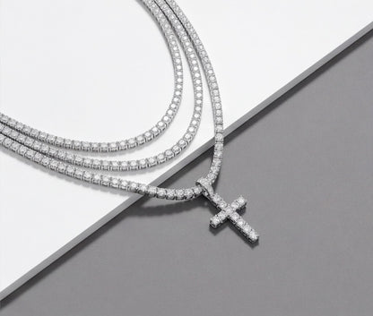 Sterling Silver VVS Moissanite Cross Tennis Chain Necklace — styling look 4