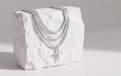 Sterling Silver VVS Moissanite Cross Tennis Chain Necklace — styling look 5