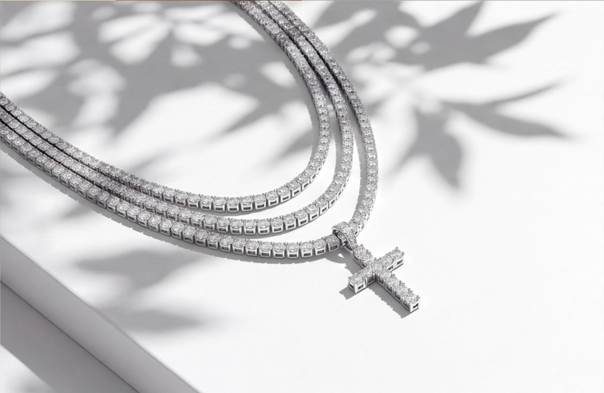 Sterling Silver VVS Moissanite Cross Tennis Chain Necklace — styling look 6