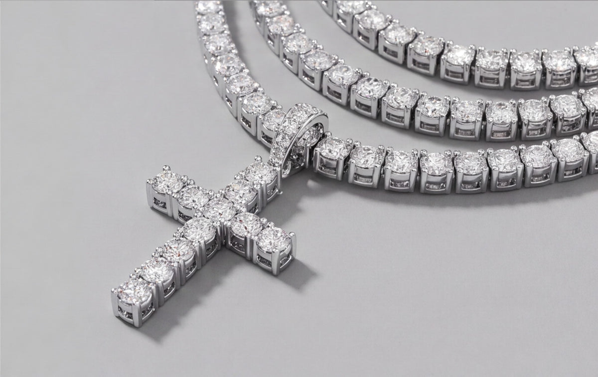 Sterling Silver VVS Moissanite Cross Tennis Chain Necklace — styling look 7