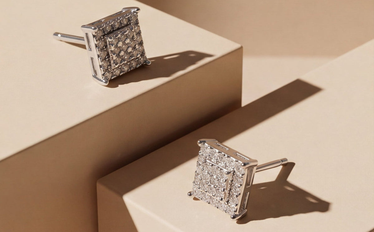 10K White Gold Natural Diamond Pave Raised Square Stud Earrings
