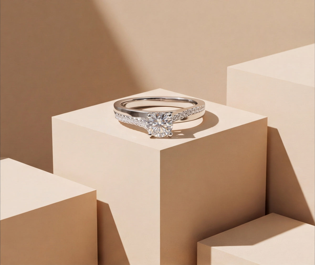 Sterling Silver VVS Moissanite Solitaire Ring with Pavé Band — styling look 2