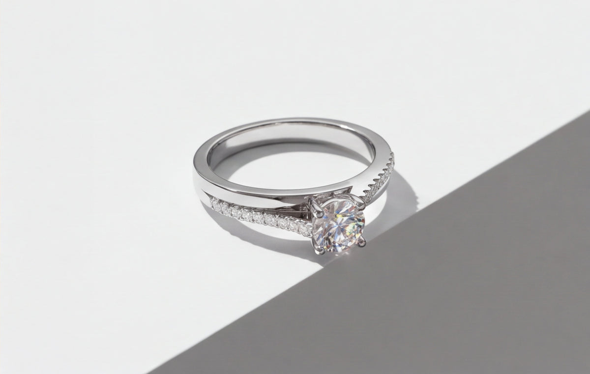 Sterling Silver VVS Moissanite Solitaire Ring with Pavé Band — styling look 9