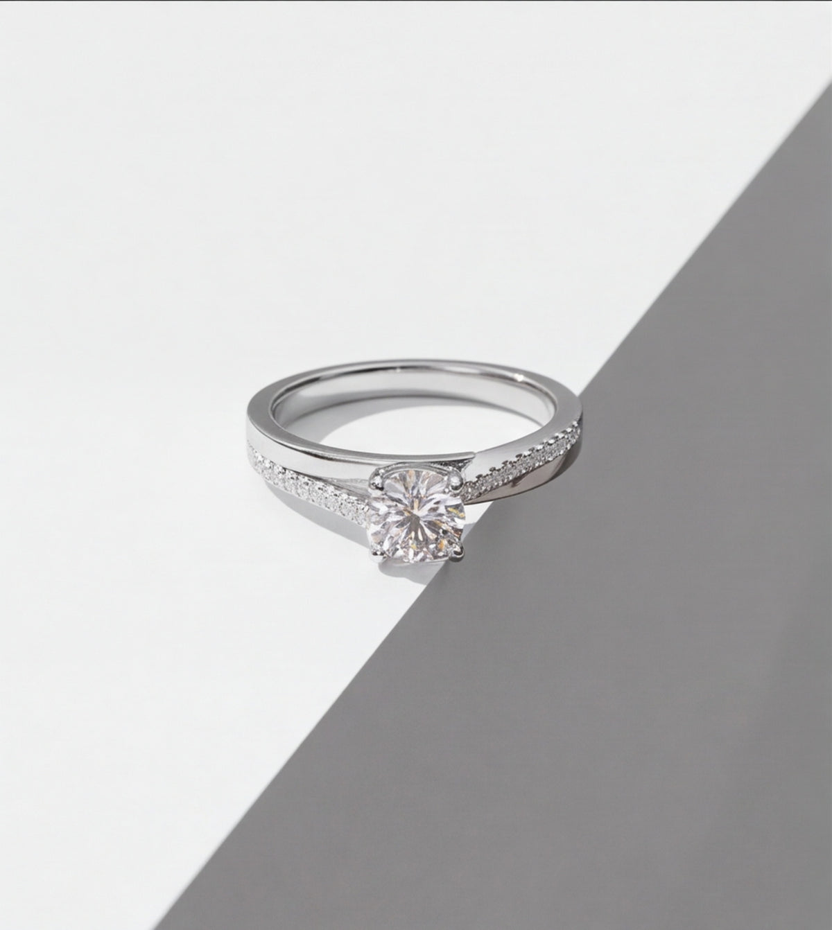 Sterling Silver VVS Moissanite Solitaire Ring with Pavé Band — styling look 4