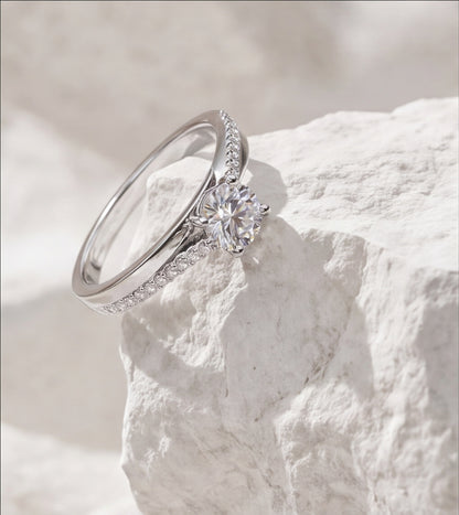 Sterling Silver VVS Moissanite Solitaire Ring with Pavé Band — styling look 5