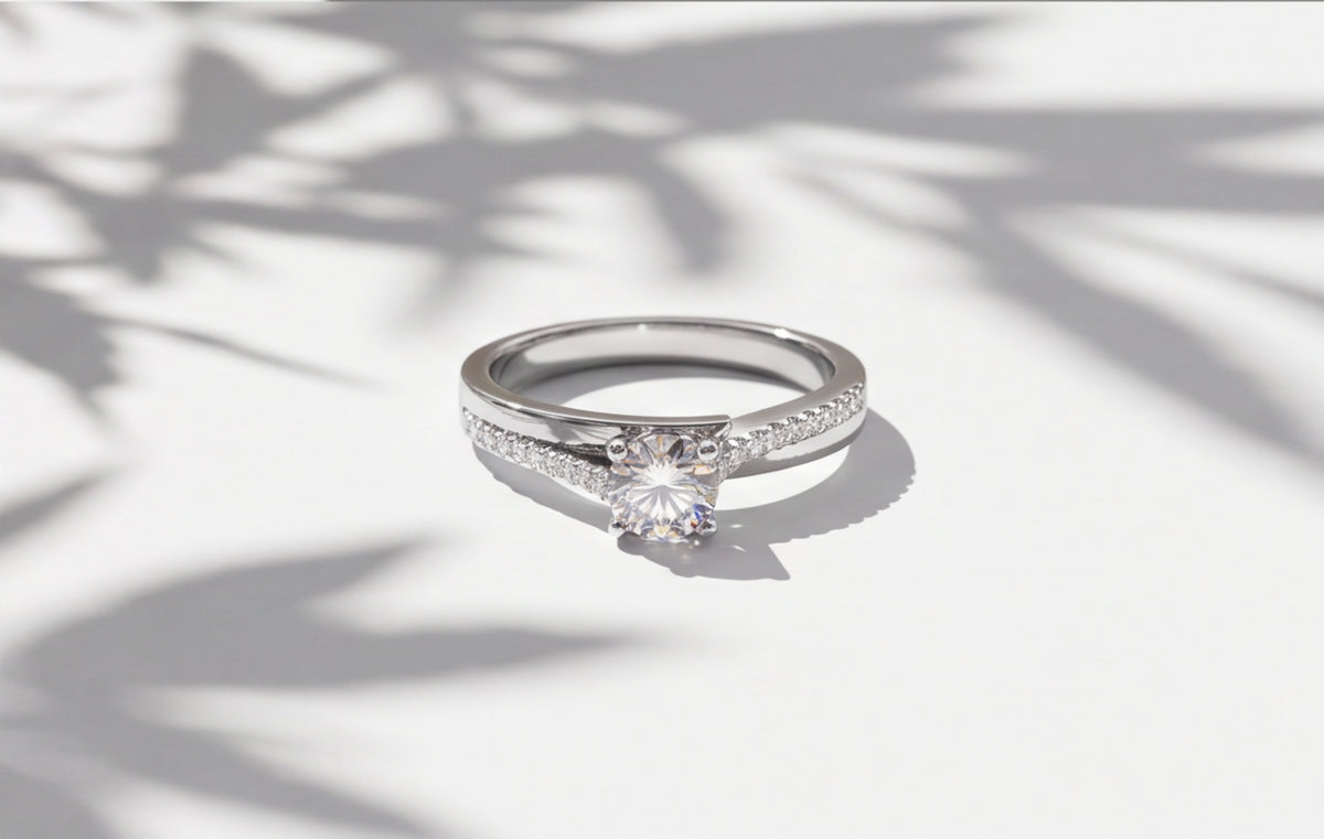 Sterling Silver VVS Moissanite Solitaire Ring with Pavé Band — styling look 12