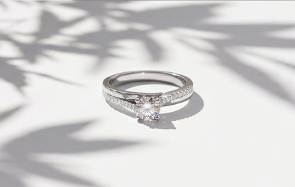 Sterling Silver VVS Moissanite Solitaire Ring with Pavé Band — styling look 12